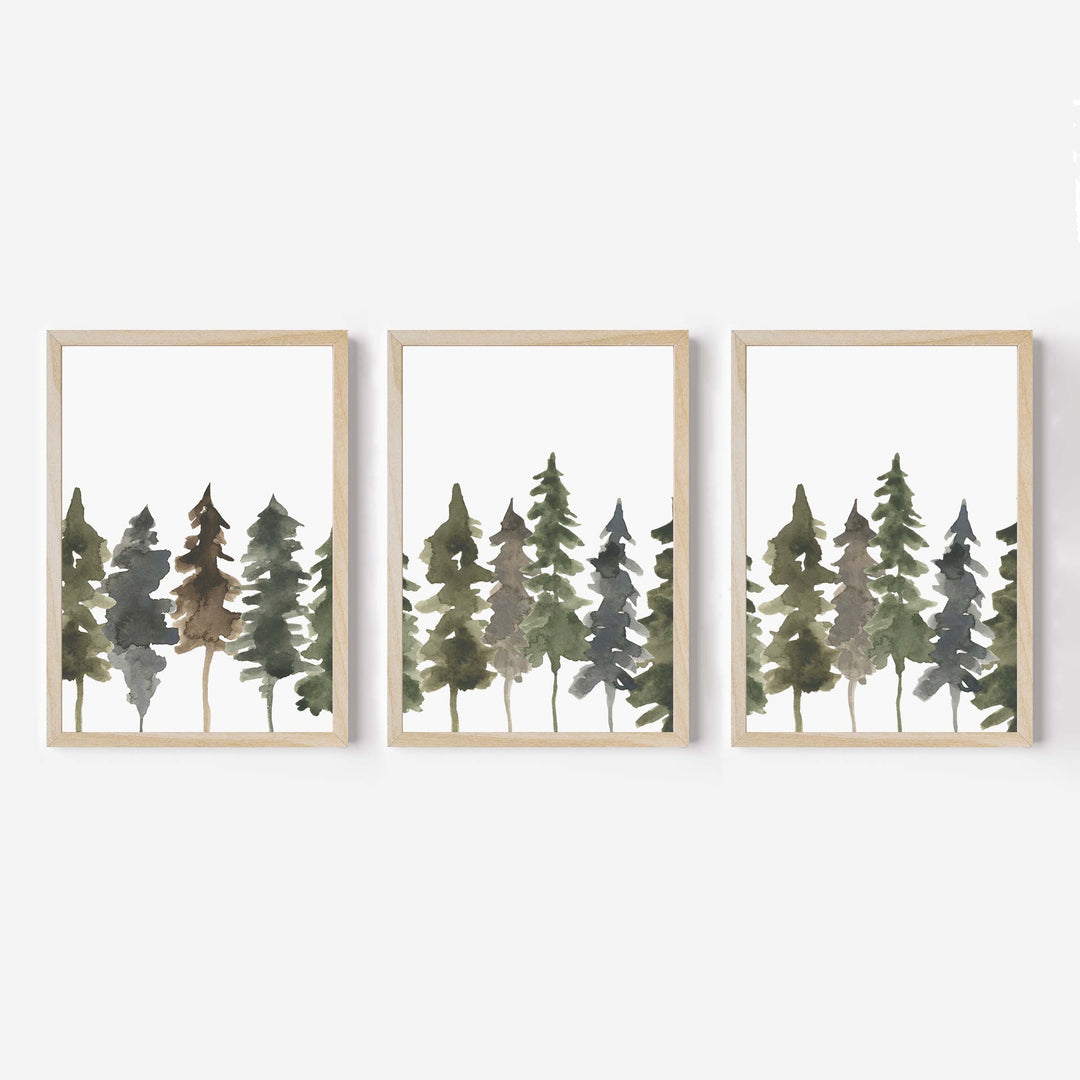 Pine Tree Line Watercolor - Set of 3