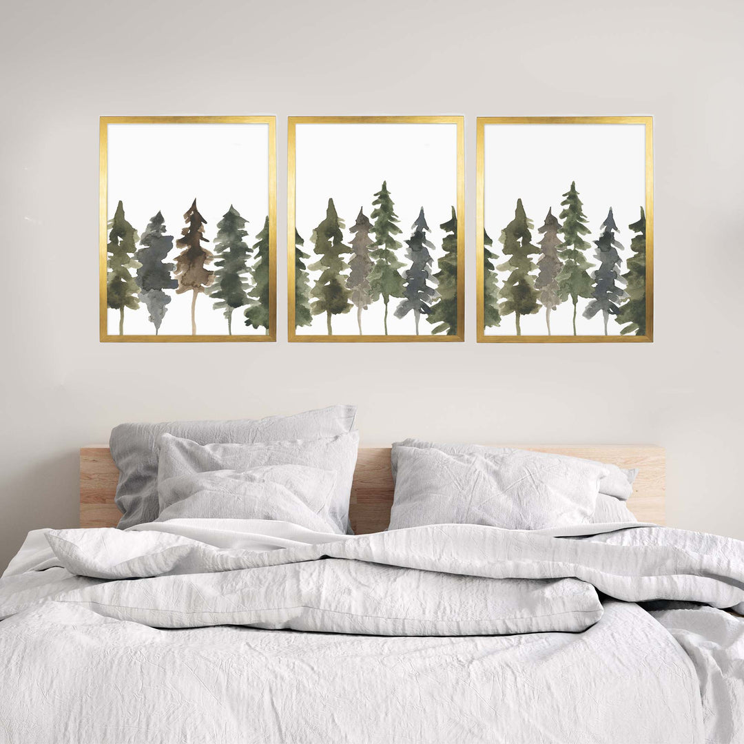 Pine Tree Line Watercolor - Set of 3