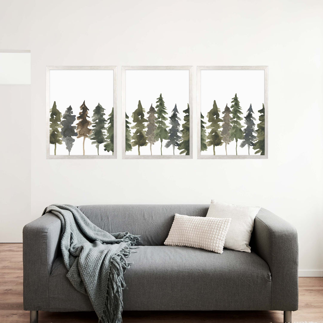 Pine Tree Line Watercolor - Set of 3