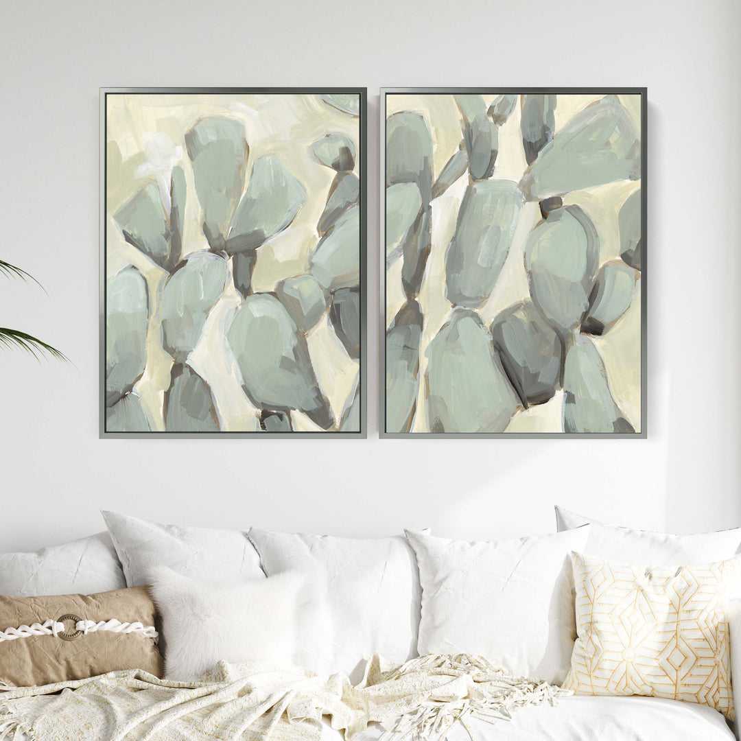 Prickly Pear Neutral Cactus Painting - Set of 2