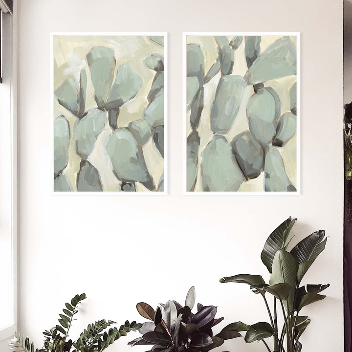 Prickly Pear Neutral Cactus Painting - Set of 2