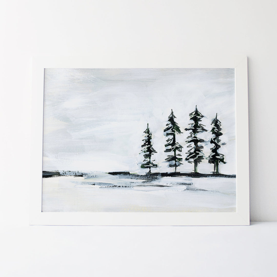 Pine Tree Painting White and Dark Green Landscape Wall Art Print or Canvas - Jetty Home