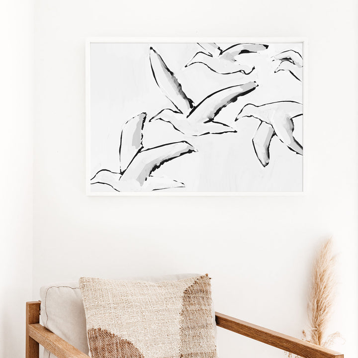 Black & White Gulls in Flight - Art Print or Canvas - Jetty Home