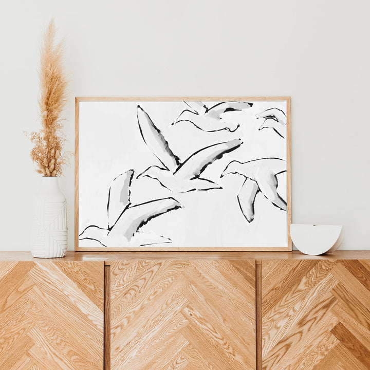 Black & White Gulls in Flight - Art Print or Canvas - Jetty Home
