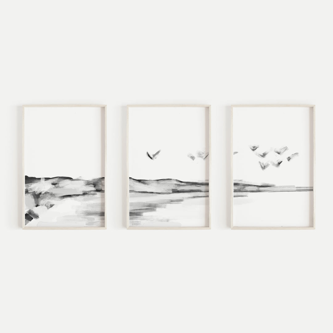 Black & White Shoreline Journey - Set of 3  - Art Prints or Canvases - Jetty Home