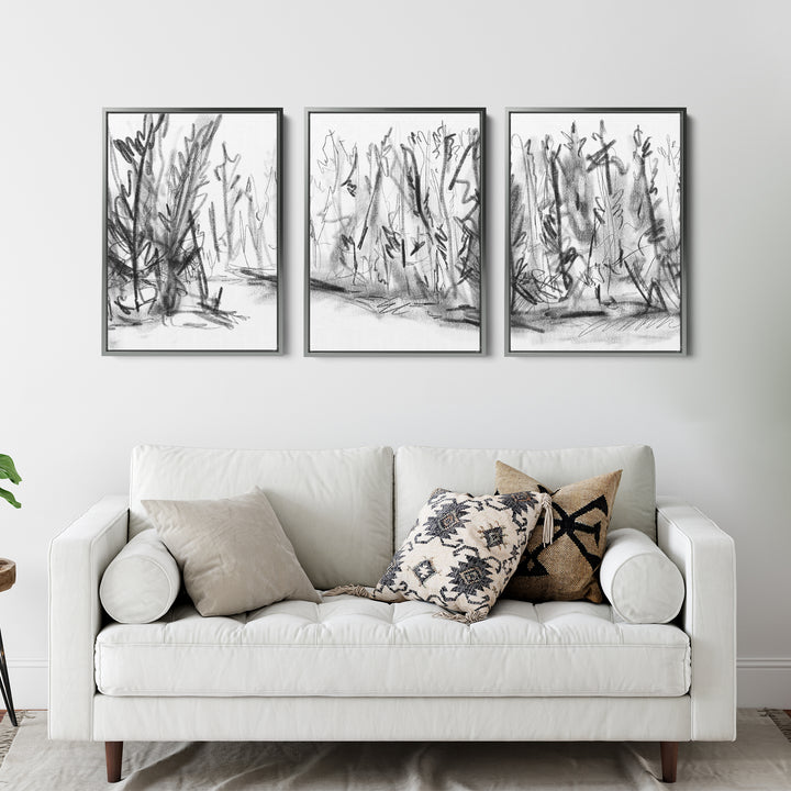 Woods Forest Black and White Sketch - Set of 3