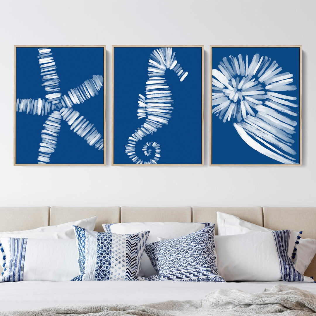 Deep Azure Blue Sea Life Triptych - Set of 3  - Art Prints or Canvases - Jetty Home