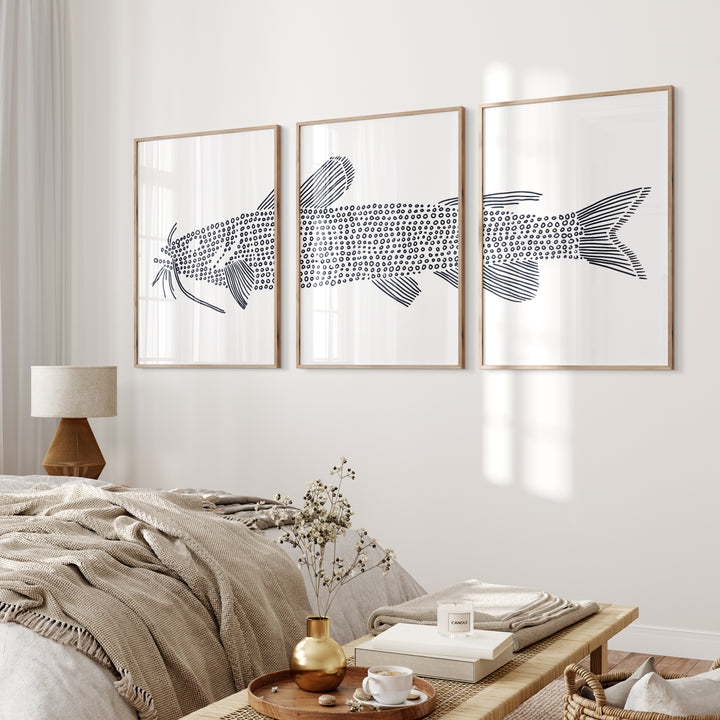 Catfish in Circles Triptych - Set of 3  - Art Prints or Canvases - Jetty Home