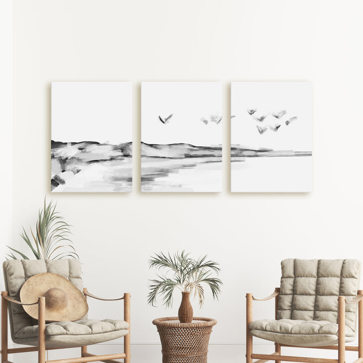 Black & White Shoreline Journey - Set of 3  - Art Prints or Canvases - Jetty Home