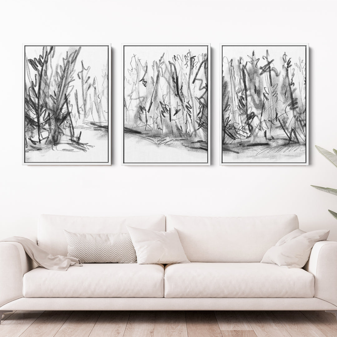 Woods Forest Black and White Sketch - Set of 3