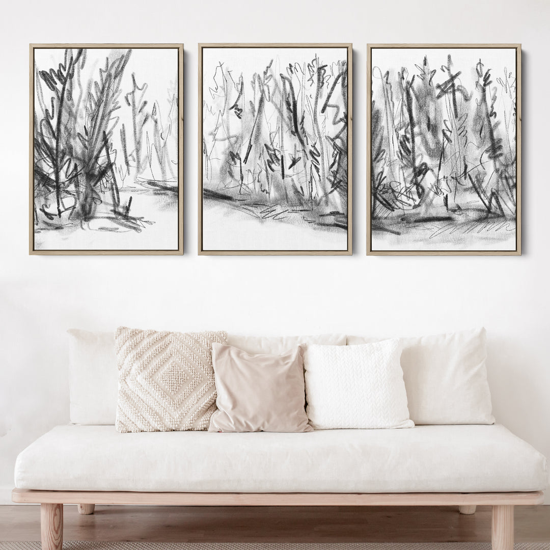 Woods Forest Black and White Sketch - Set of 3