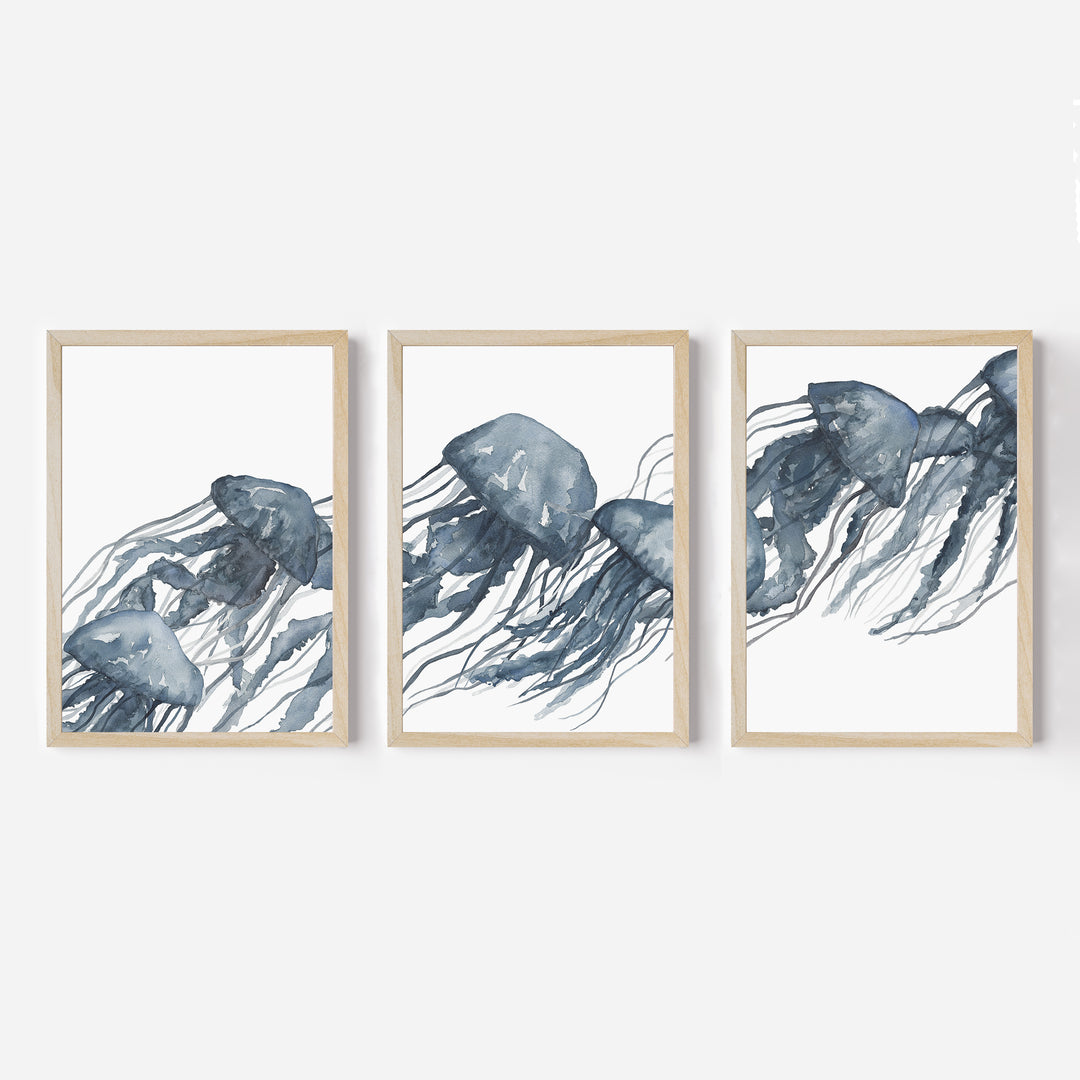 Watercolor Blue Jellyfish Triptych - Set of 3