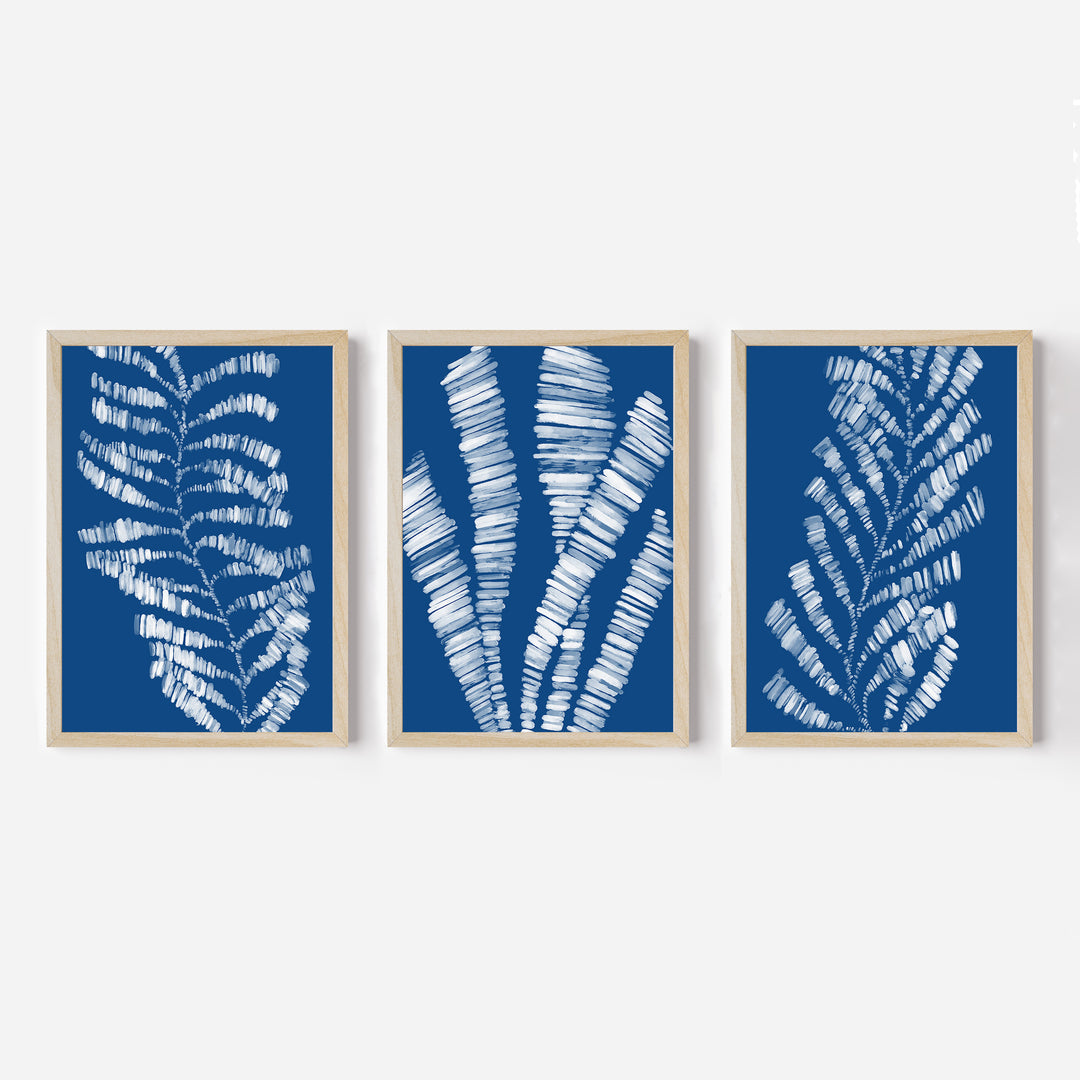 Deep Azure Blue Seaweed & Kelp Triptych - Set of 3