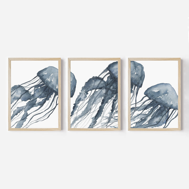 Blue Jellyfish Painting Triptych - Set of 3