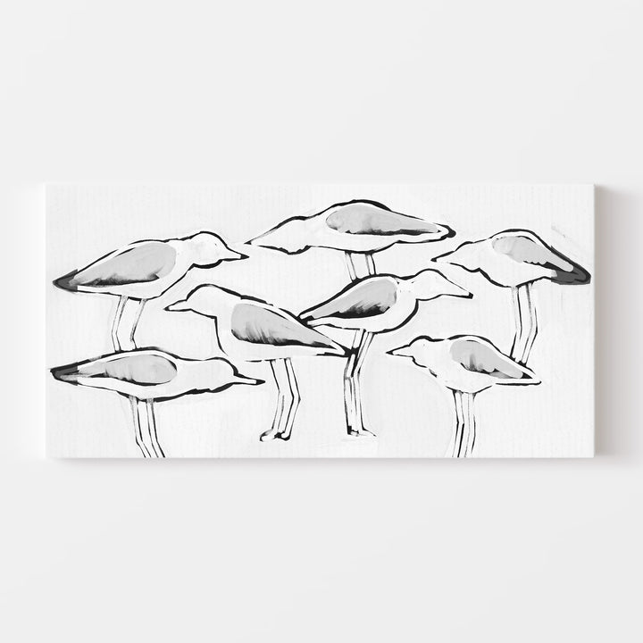 Black & White Gulls in Waiting Panoramic - Art Print or Canvas - Jetty Home