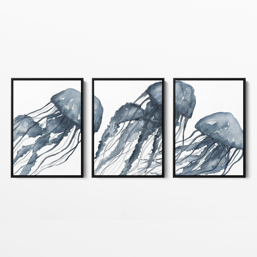 Blue Jellyfish Painting Triptych - Set of 3  - Art Prints or Canvases - Jetty Home