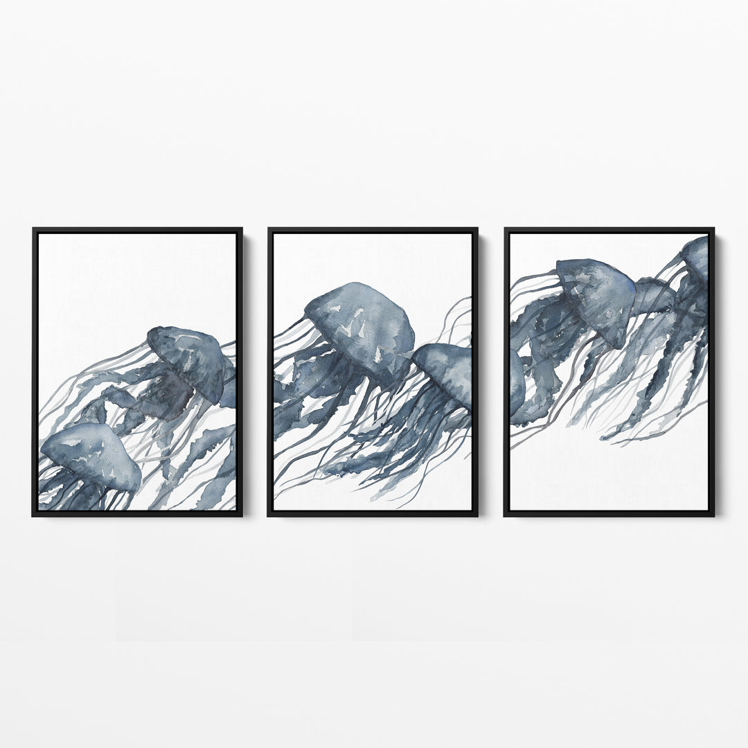 Watercolor Blue Jellyfish Triptych - Set of 3  - Art Prints or Canvases - Jetty Home
