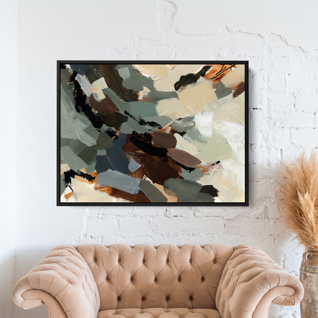 Jetty Home Wildwood print displayed on a black canvas, showcasing nature-inspired artwork with detailed forest imagery.