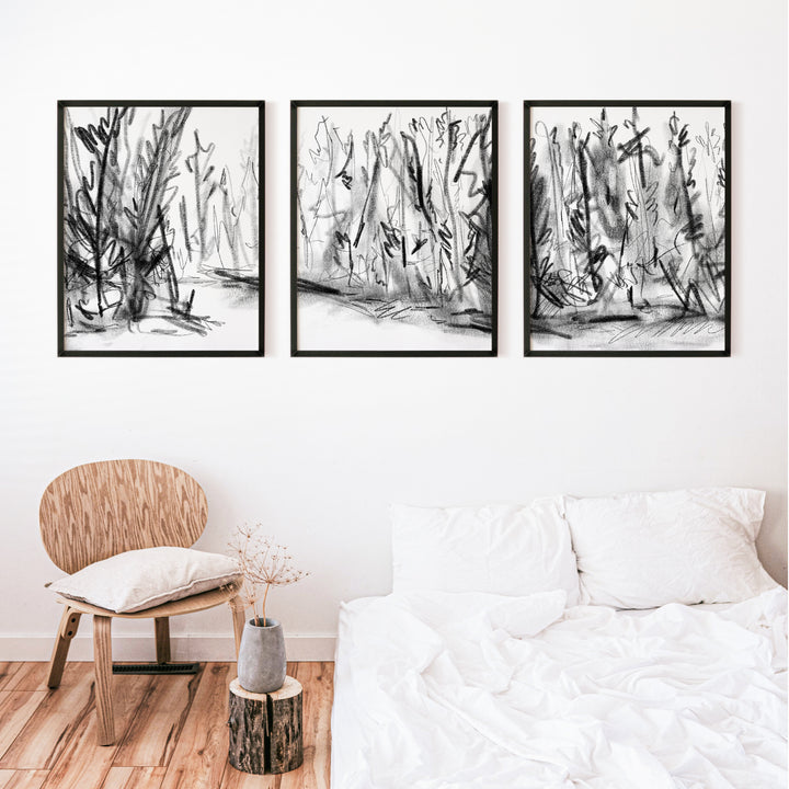 Woods Forest Black and White Sketch - Set of 3