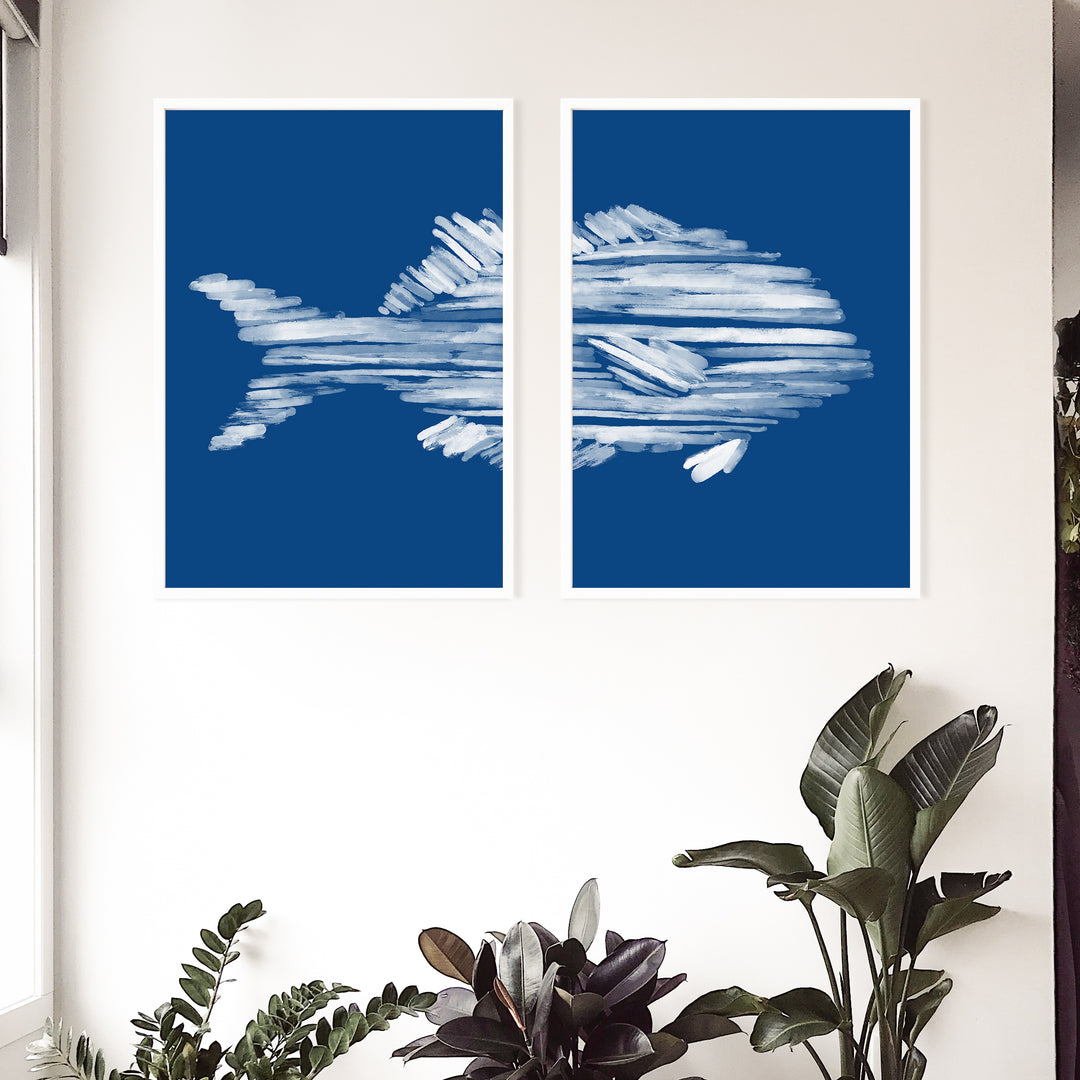 Deep Azure Blue Perch Fish Diptych - Set of 2  - Art Prints or Canvases - Jetty Home