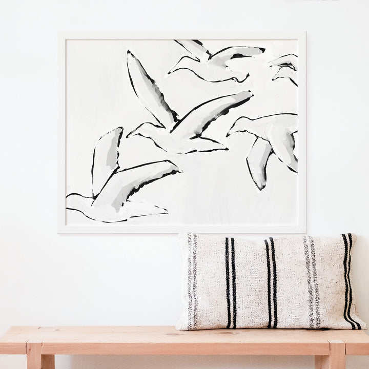 Black & White Gulls in Flight - Art Print or Canvas - Jetty Home