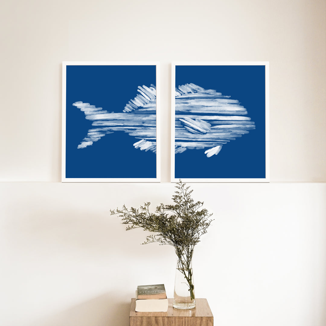 Deep Azure Blue Perch Fish Diptych - Set of 2  - Art Prints or Canvases - Jetty Home