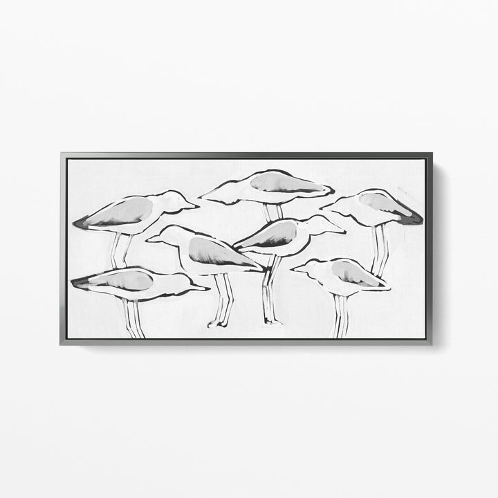 Black & White Gulls in Waiting Panoramic - Art Print or Canvas - Jetty Home