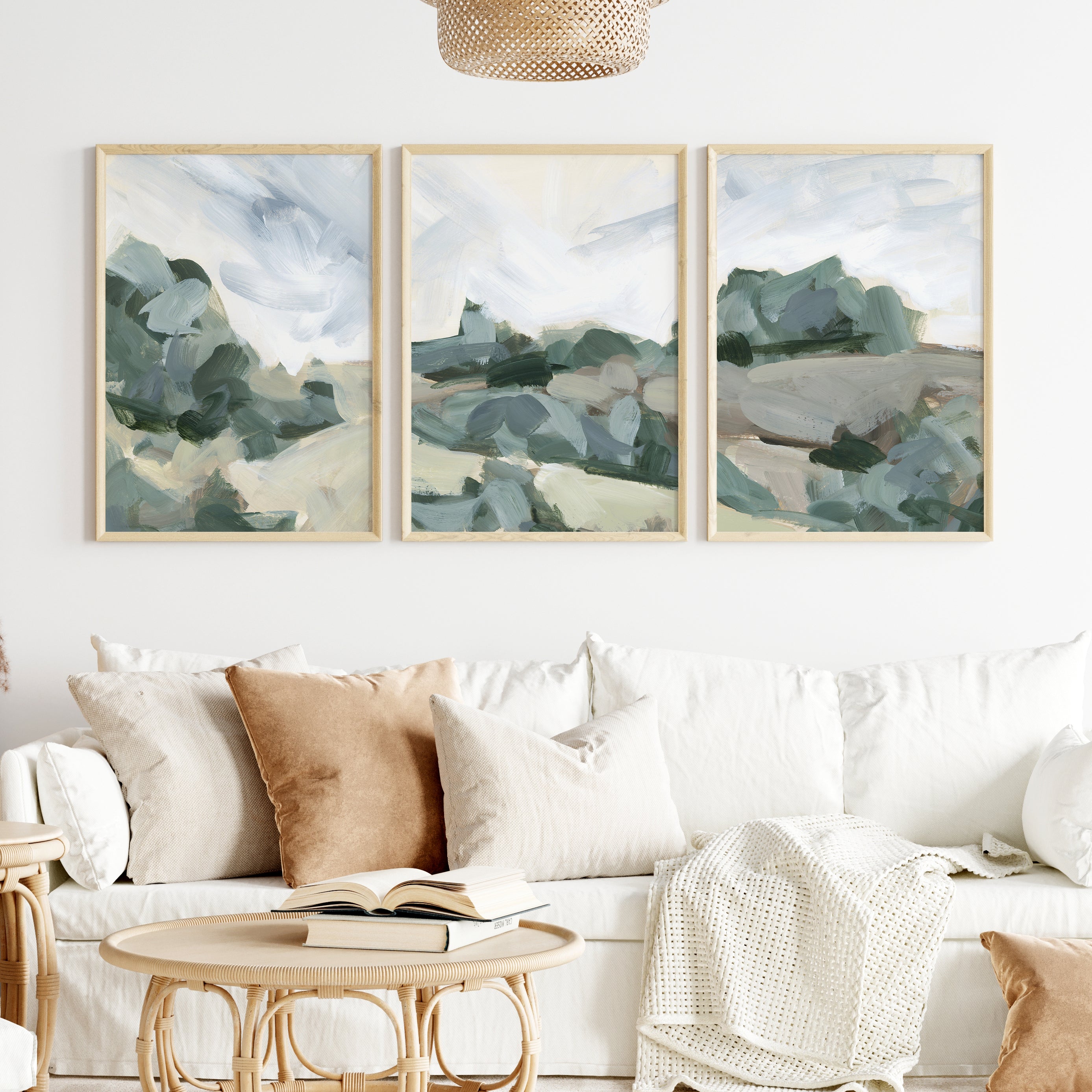Muted Landscape Painting - Set of 3 | Neutral Farmhouse Triptych Art