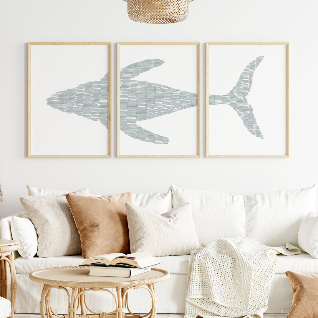 Deconstructed Swimming Whale Triptych  - Set of 3  - Art Prints or Canvases - Jetty Home