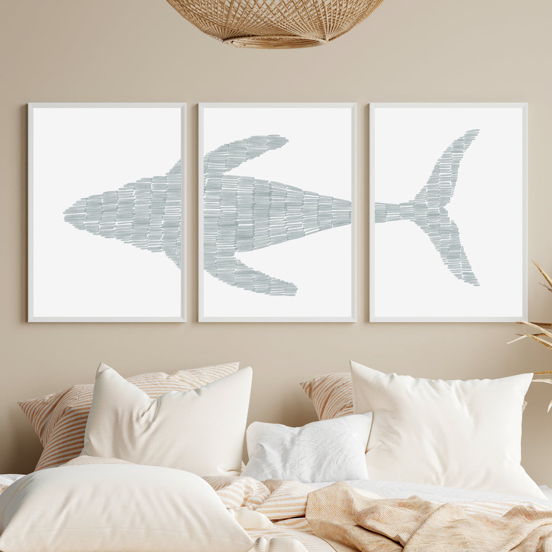 Deconstructed Swimming Whale Triptych  - Set of 3  - Art Prints or Canvases - Jetty Home