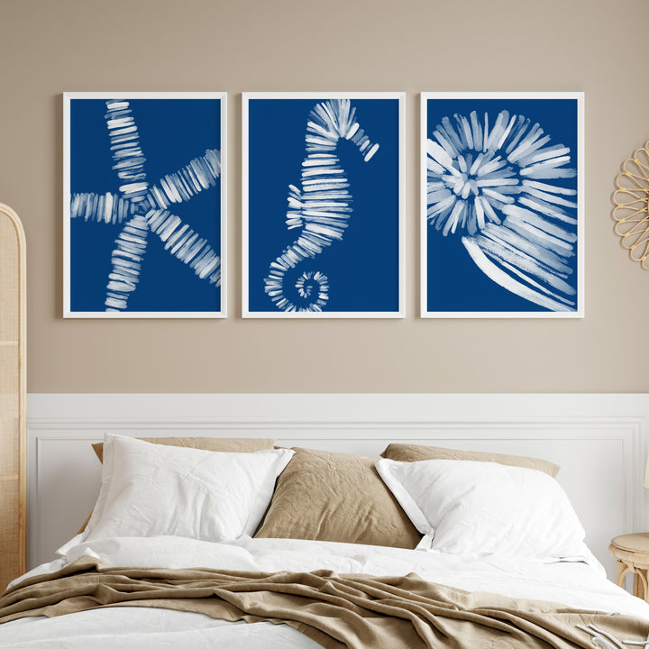 Deep Azure Blue Sea Life Triptych - Set of 3  - Art Prints or Canvases - Jetty Home