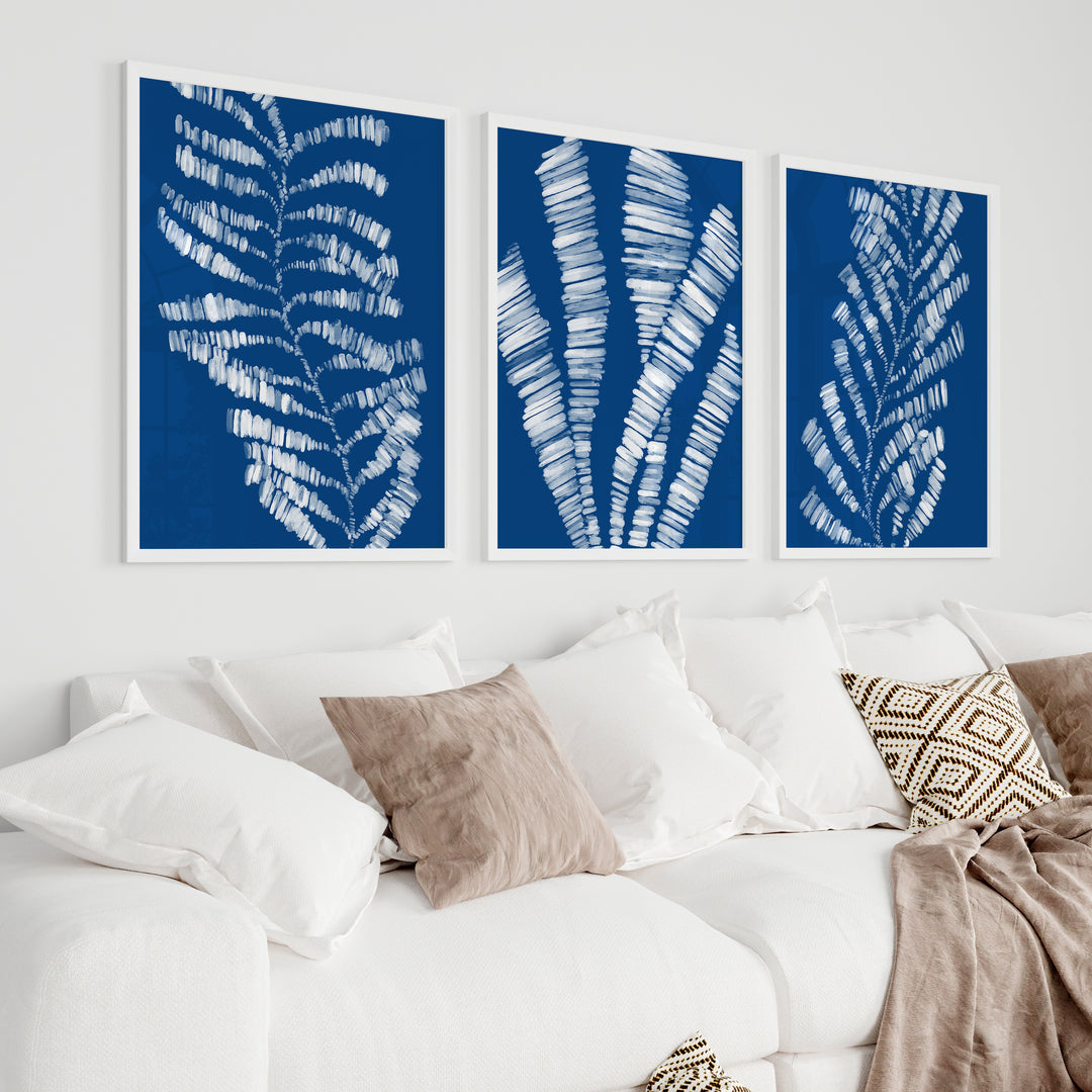 Deep Azure Blue Seaweed & Kelp Triptych - Set of 3  - Art Prints or Canvases - Jetty Home