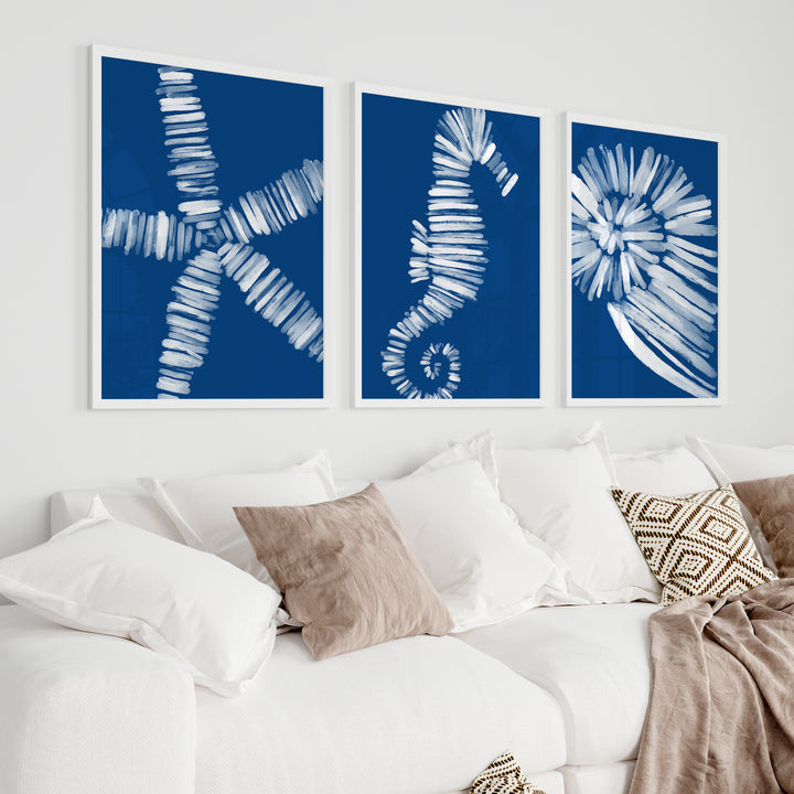 Deep Azure Blue Sea Life Triptych - Set of 3  - Art Prints or Canvases - Jetty Home