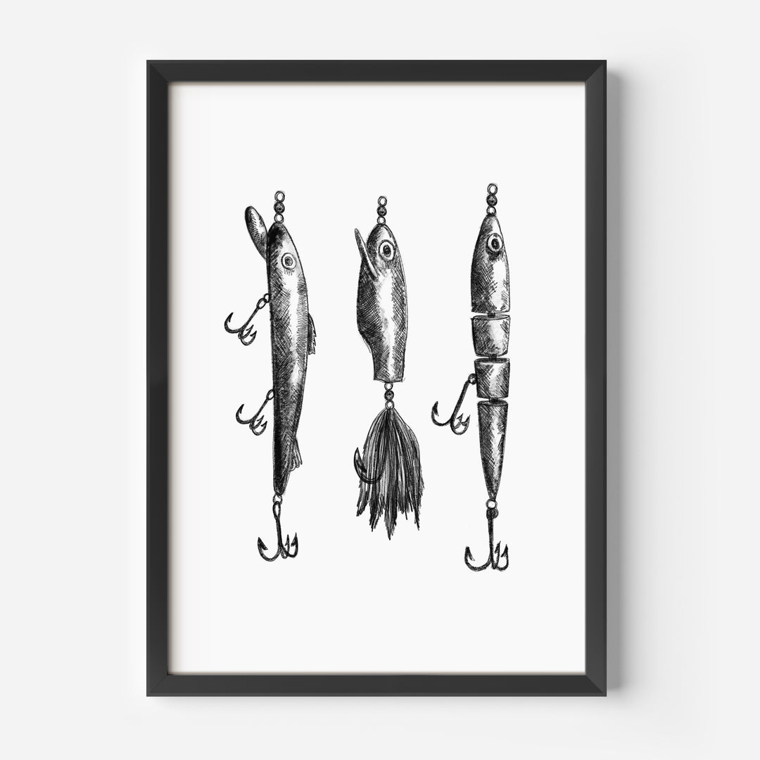 Black + White Fly Fishing Lures Illustration