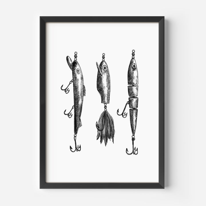 Black + White Fly Fishing Lures Illustration