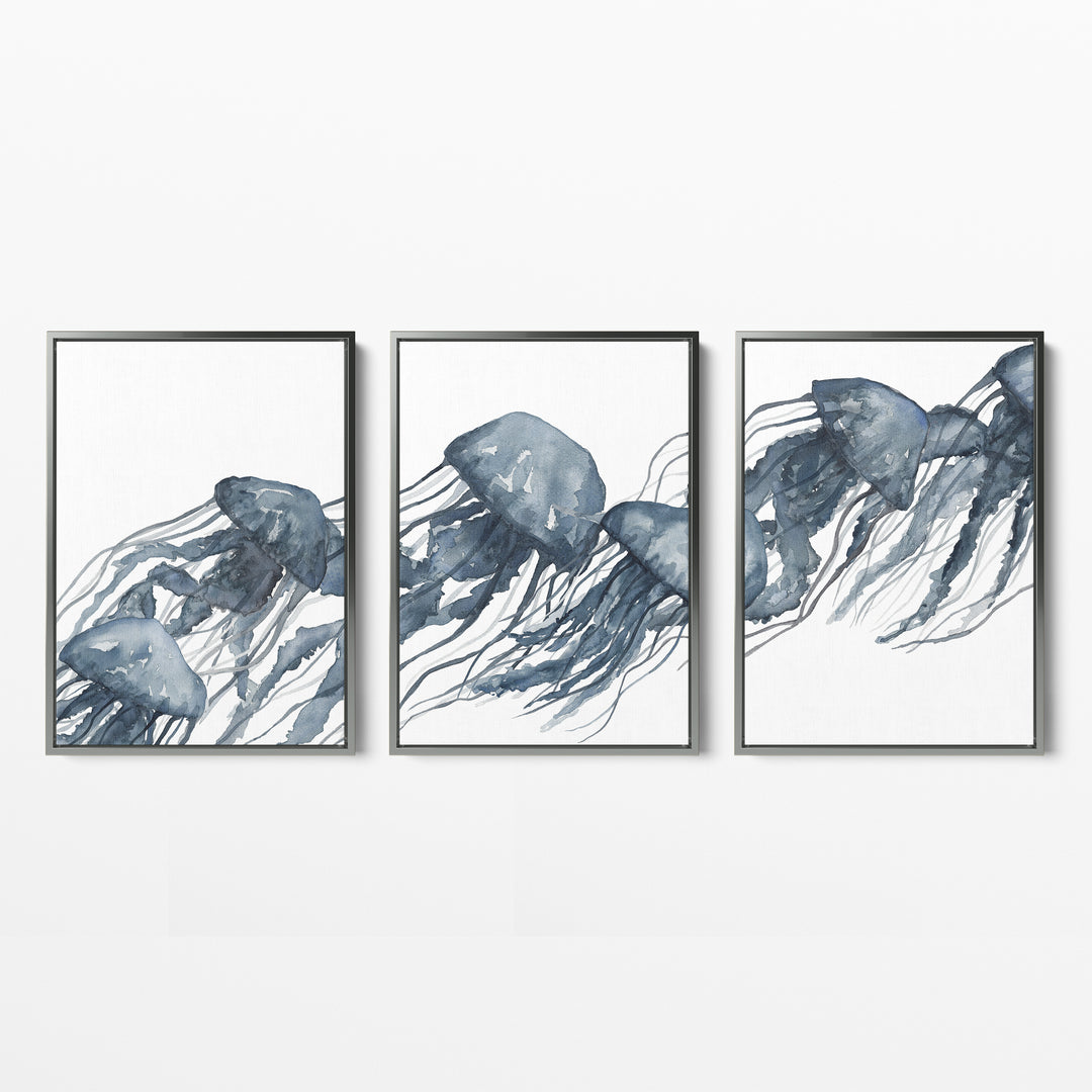 Watercolor Blue Jellyfish Triptych - Set of 3  - Art Prints or Canvases - Jetty Home