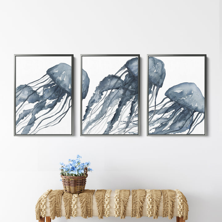Blue Jellyfish Painting Triptych - Set of 3  - Art Prints or Canvases - Jetty Home