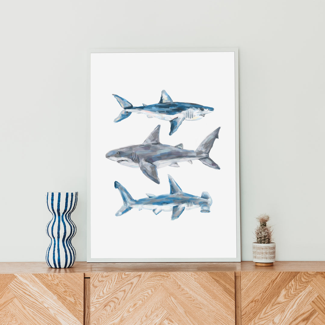 Great White, Mako + Hammerhead Shark  - Art Print or Canvas - Jetty Home