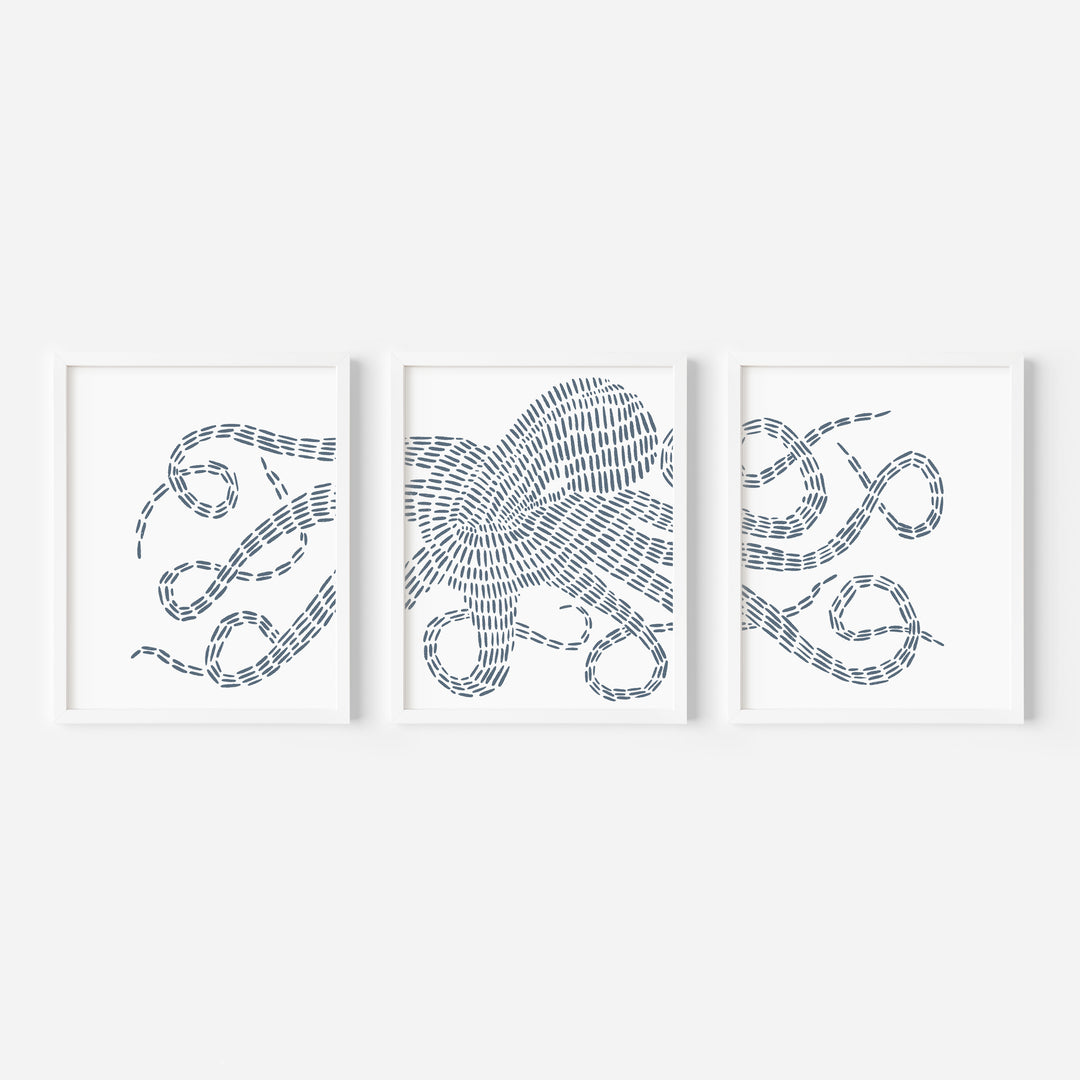 Octopus Kraken Modern Illustration - Set of 3  - Art Prints or Canvases - Jetty Home