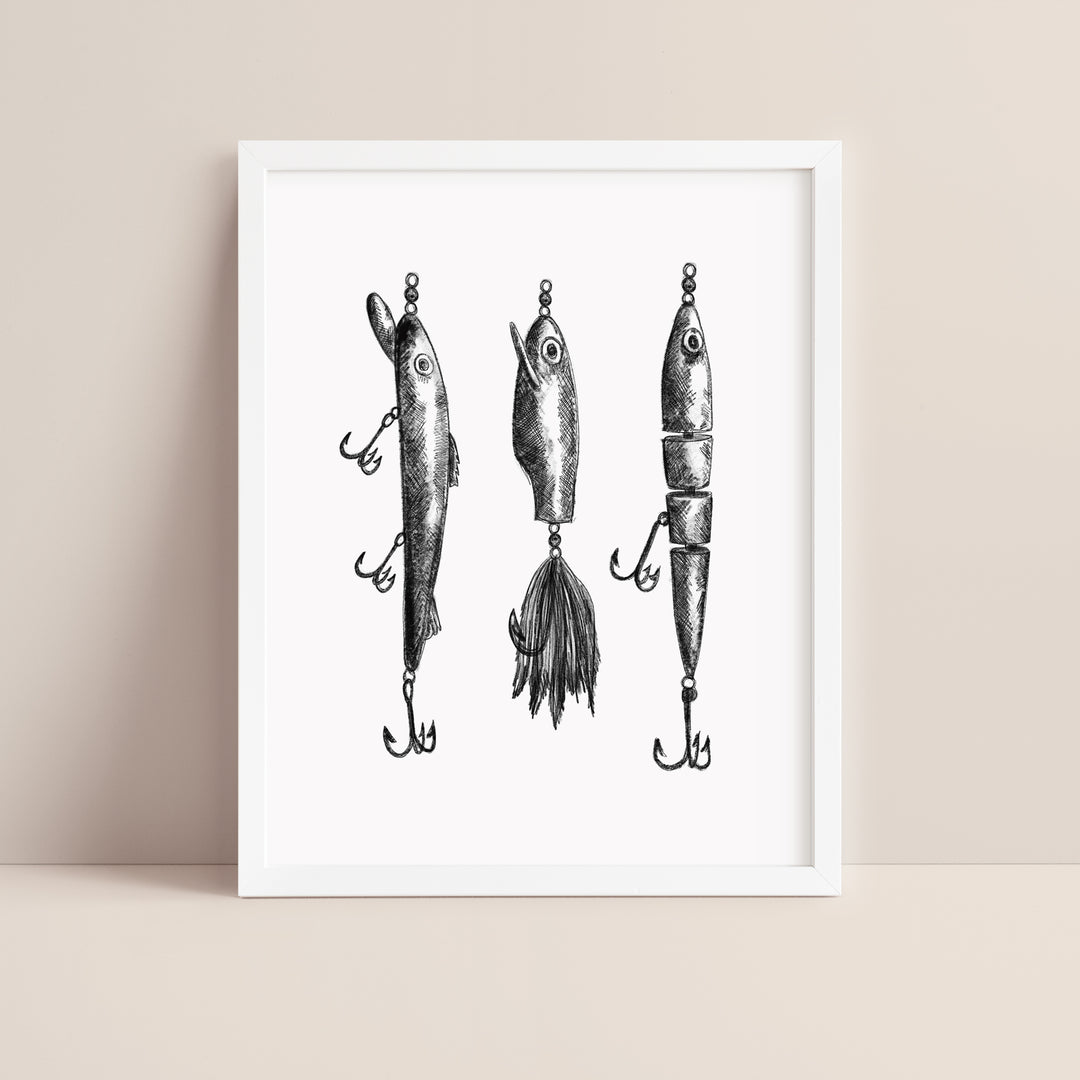 antique fishing lure art Black + White Fly Fishing Lures Illustration