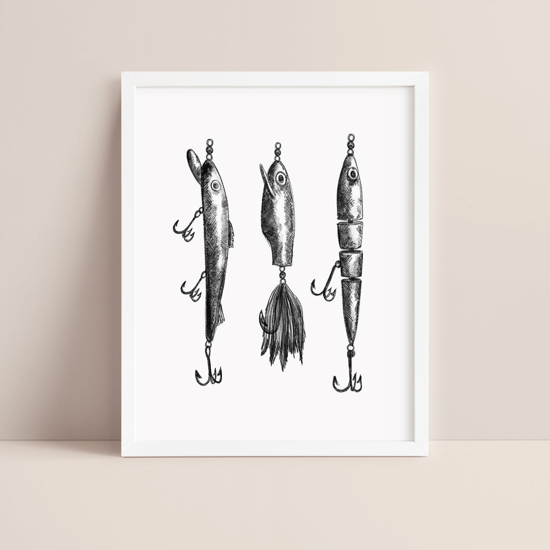 Black + White Fly Fishing Lures Illustration - Art Print or Canvas