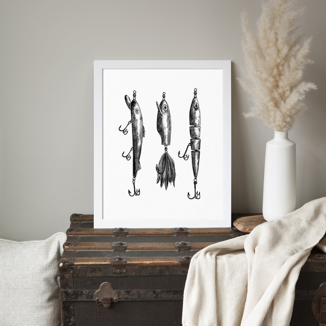 Black + White Fly Fishing Lures Illustration - Jetty Home