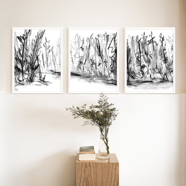 Woods Forest Black and White Sketch - Set of 3