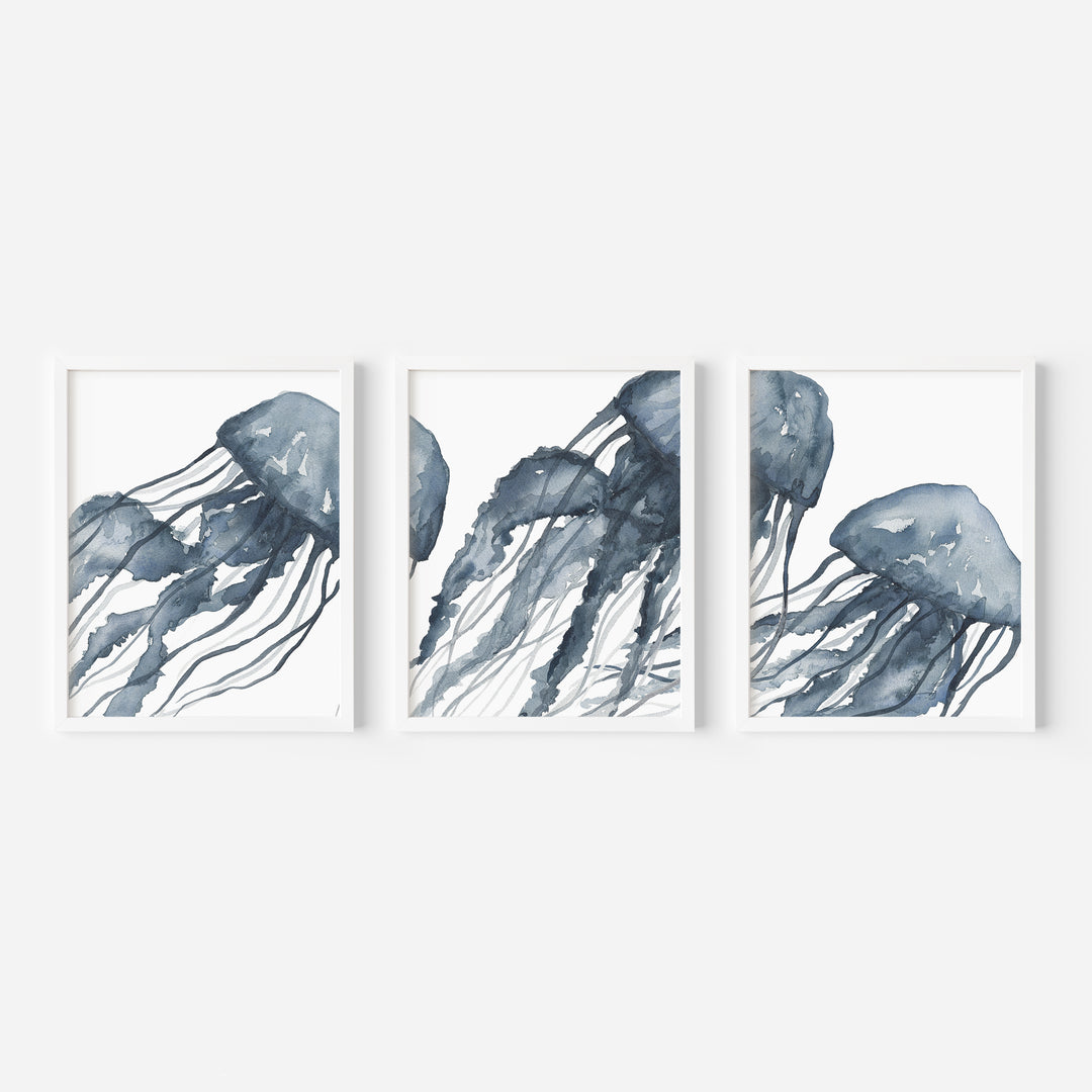 Blue Jellyfish Painting Triptych - Set of 3  - Art Prints or Canvases - Jetty Home