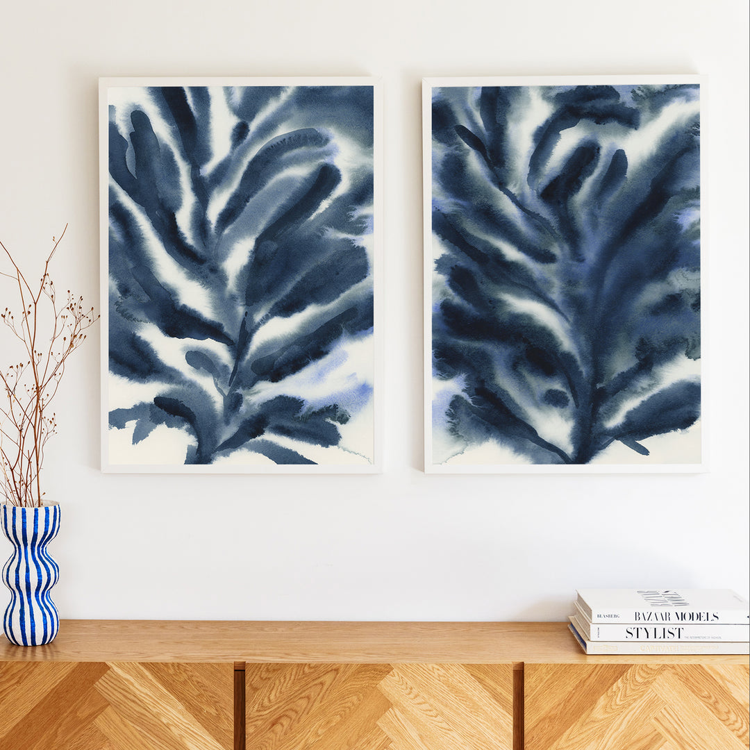 Indigo Seaweed Diptych, No. 2 - Set of 2