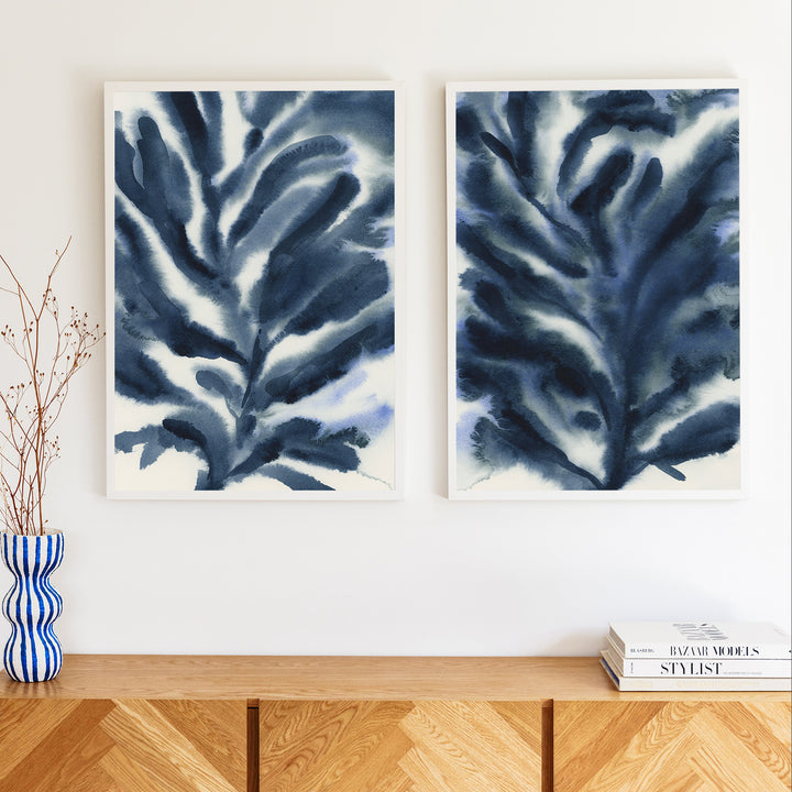 Indigo Seaweed Diptych, No. 2 - Set of 2
