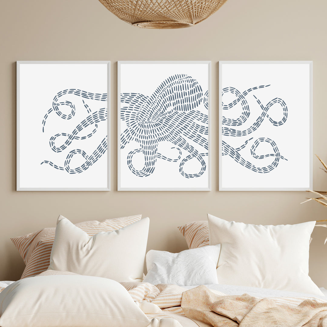 Octopus Kraken Modern Illustration - Set of 3  - Art Prints or Canvases - Jetty Home