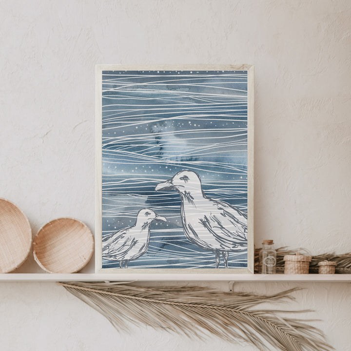 Nautical Blue Sea Gulls  - Art Print or Canvas - Jetty Home