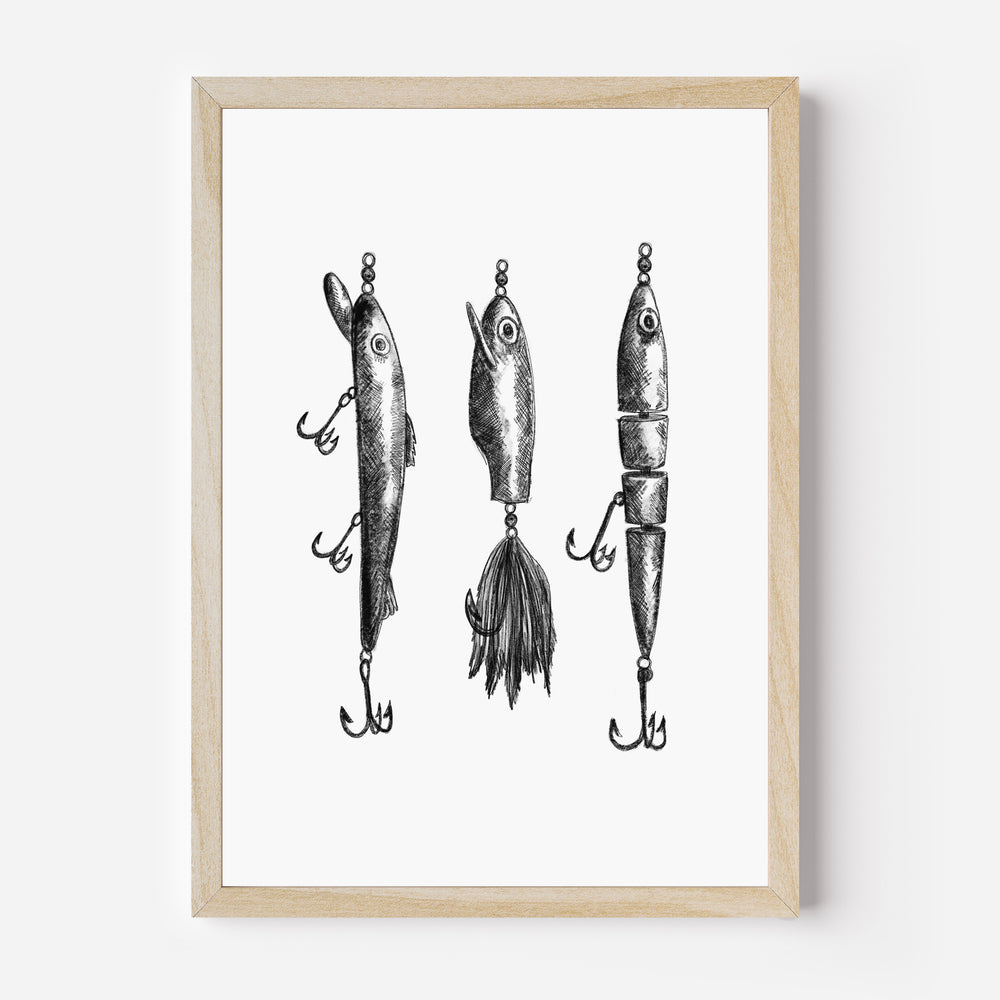 Black + White Fly Fishing Lures Illustration  - Art Print or Canvas - Jetty Home