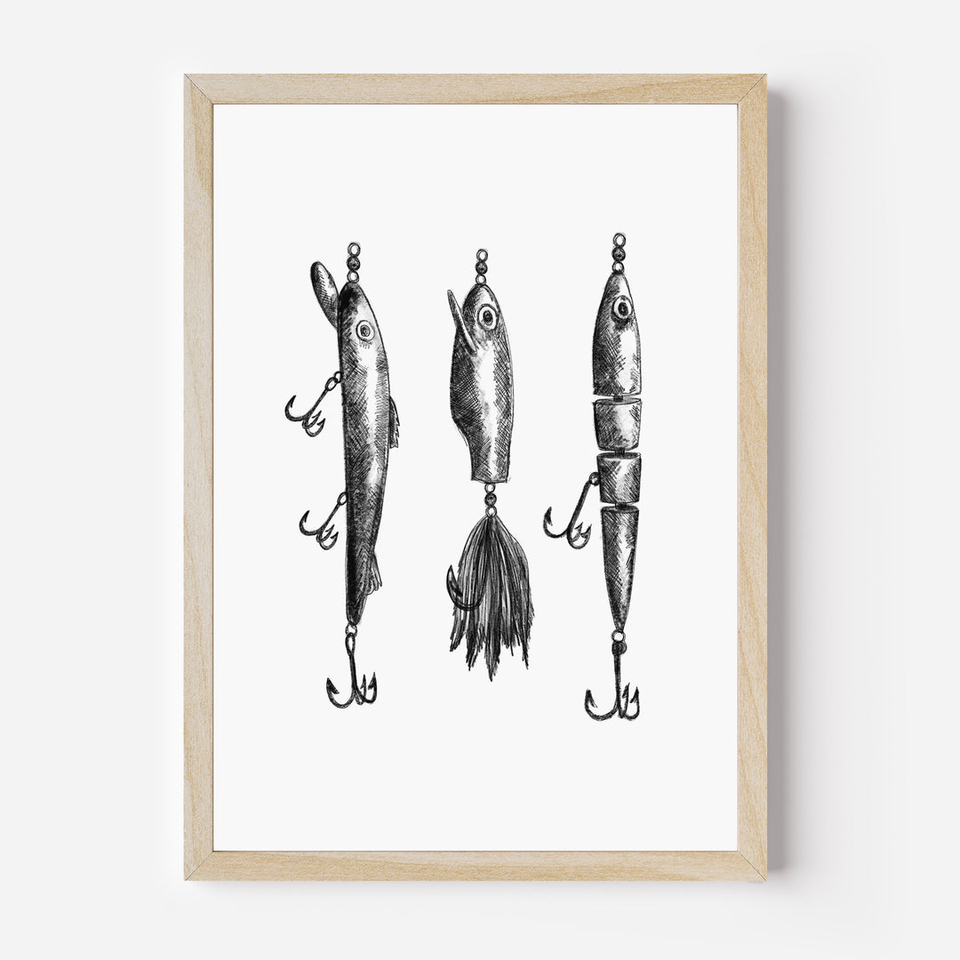 Black + White Fly Fishing Lures Illustration - Art Print or Canvas